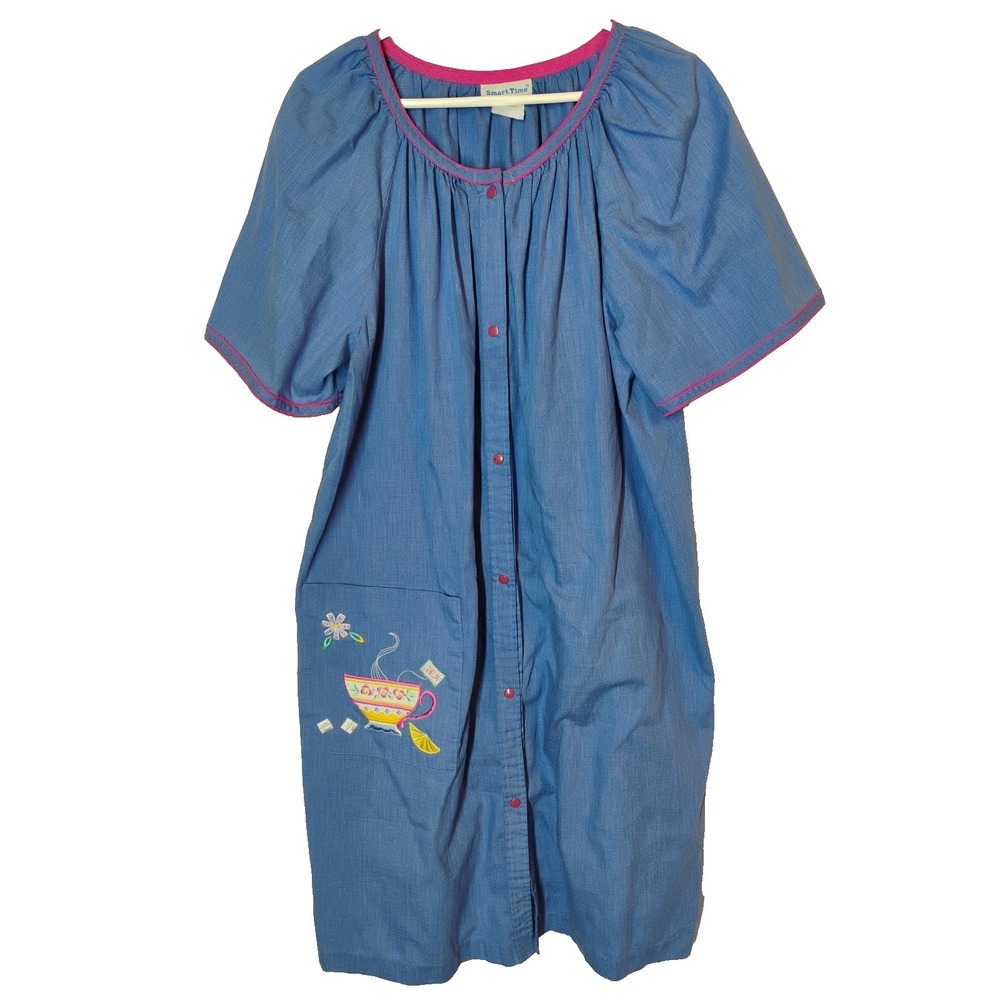 Vtg Smart Time‎ Womens LARGE House Coat Dress Night Gown Robe Snap Front Tea Cup